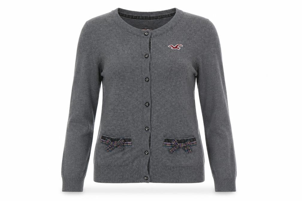 Hollister Women Grey M Button Cardigan Bow Logo Cotton Knit