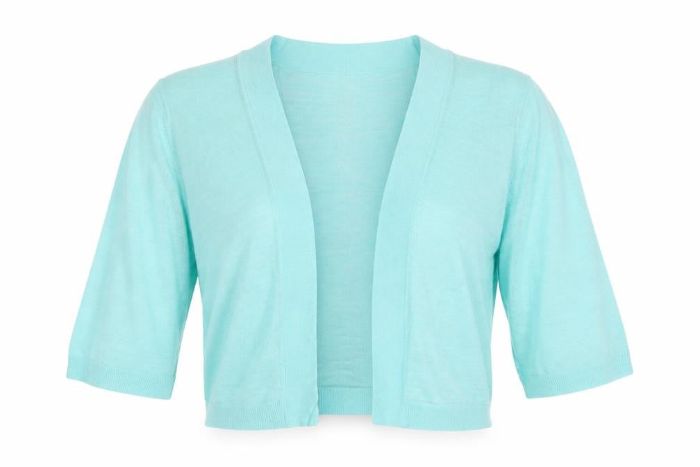 Front view of Principles Women Blue, size 14, Open Knit 3/4 Sleeve Cardigan