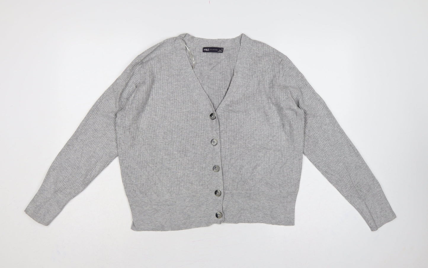Marks and Spencer Women Grey Size 12 Rib Knit V-Neck Cardigan