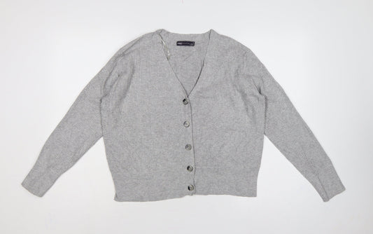 Marks and Spencer Women Grey Size 12 Rib Knit V-Neck Cardigan