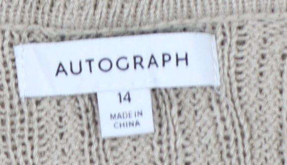 M&S Autograph Women Beige Size 14 Linen Cable Knit Roll Neck Cardigan