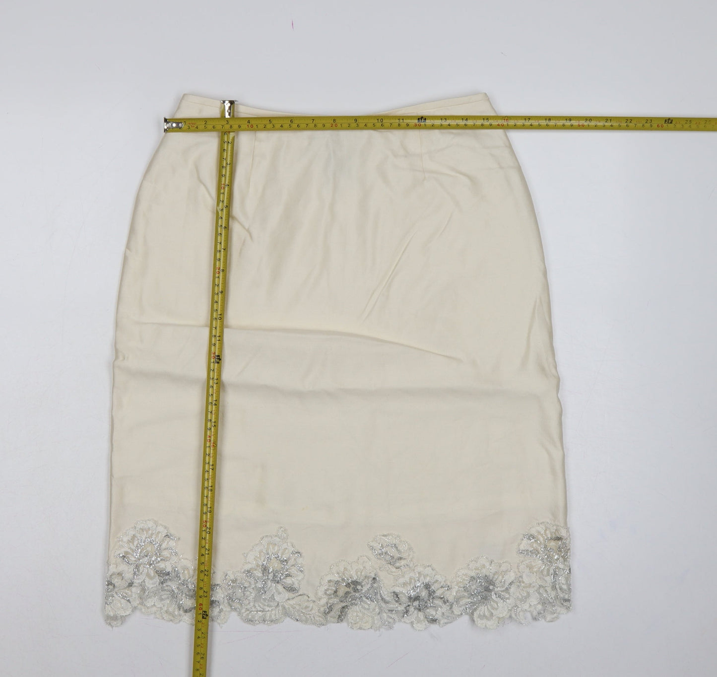Albert Nipon Women Ivory UK 10 Straight Pencil Beaded Floral Skirt