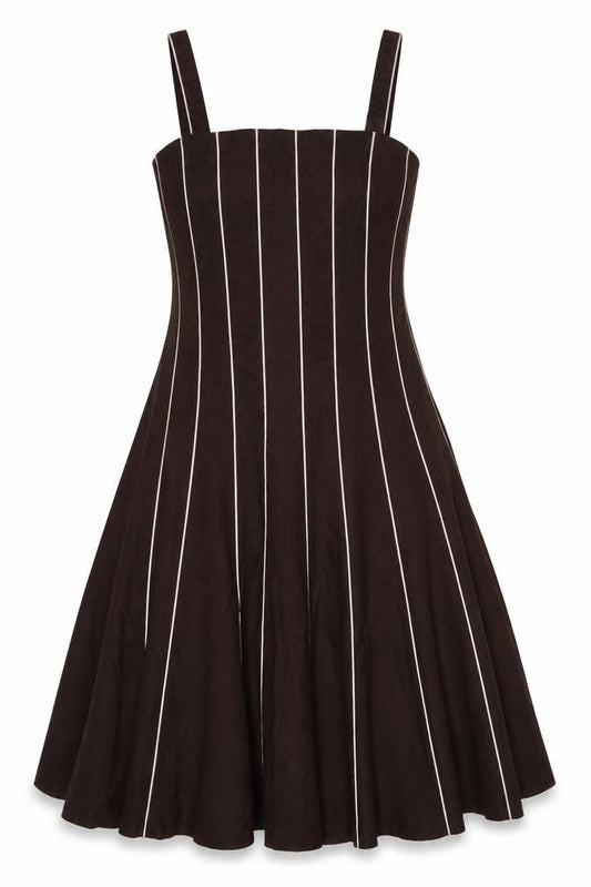 Fenn Wright Manson Women Brown Linen Stripe Fit & Flare Long Dress UK 12