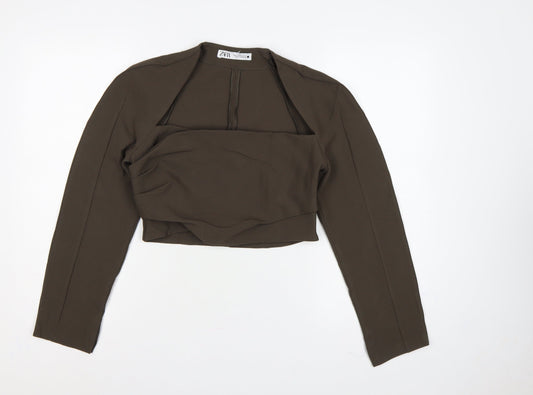 Zara Women Brown M Cropped Long Sleeve Draped Blouse