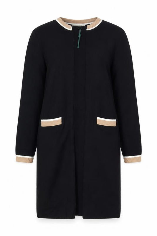 Hobbs Women Black S Long Open Knit Cardigan Collared Pocket Contrast Trim