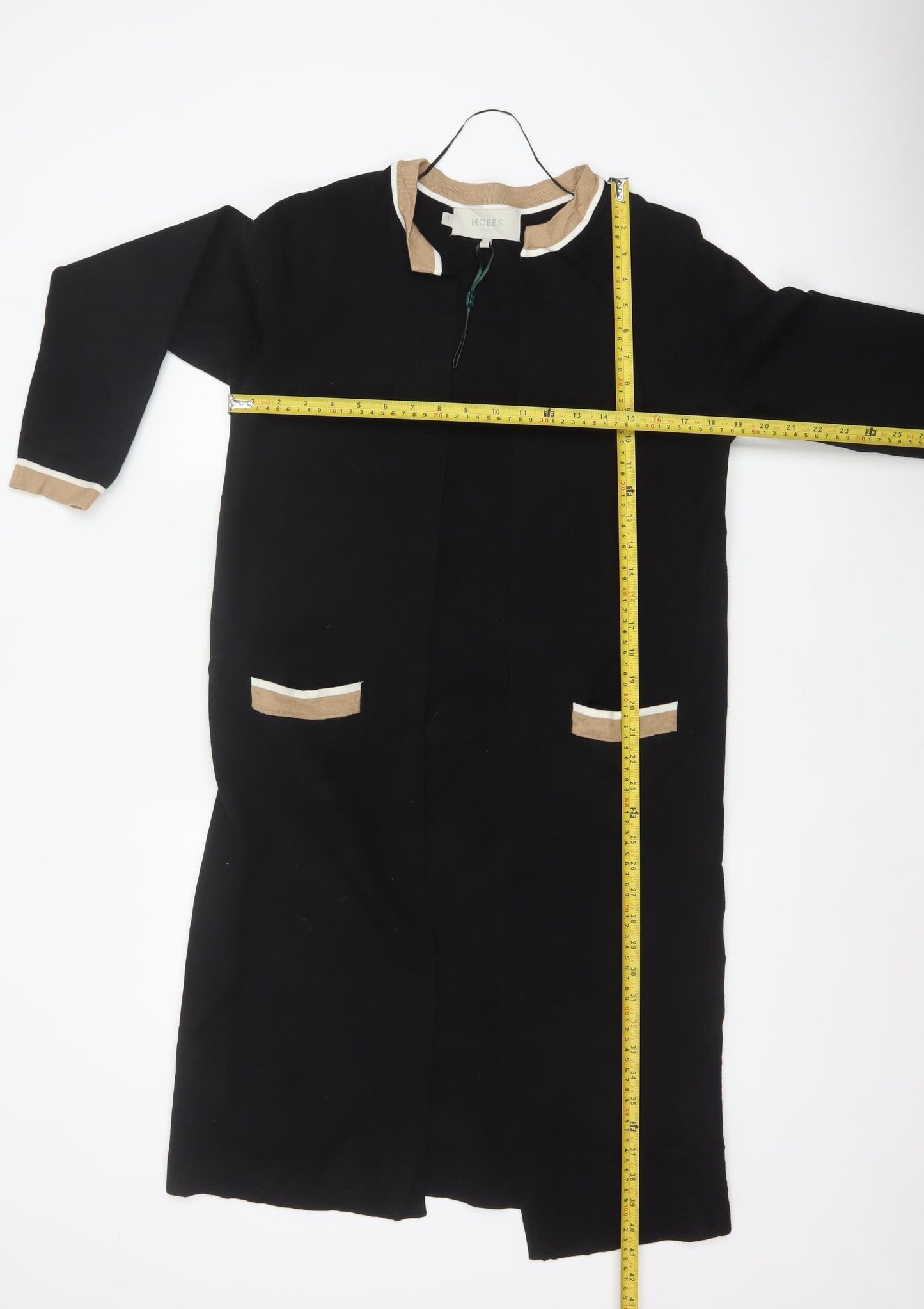 Hobbs Women Black S Long Open Knit Cardigan Collared Pocket Contrast Trim