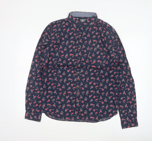 linea Women’s Blue Floral Cotton Tailored Fit Button-Up Shirt M