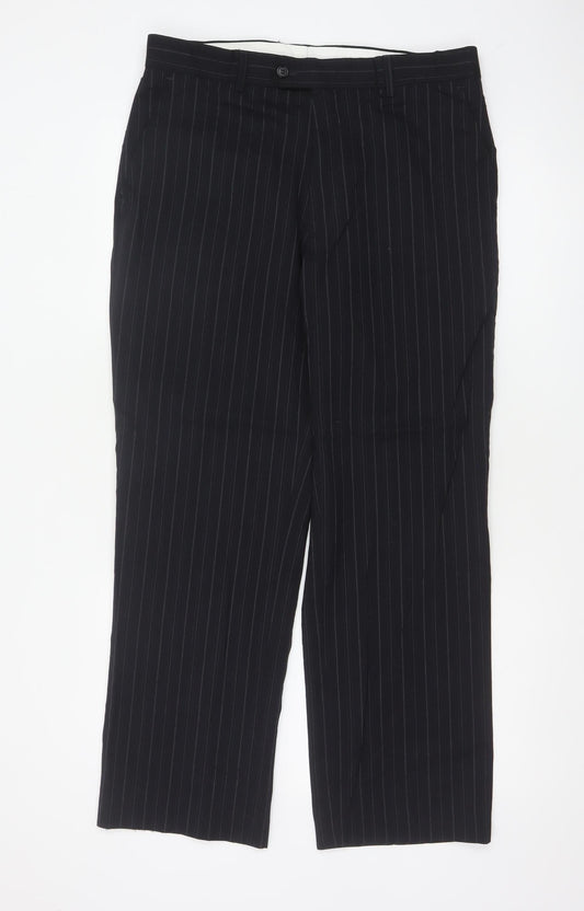 Bhs Mens Navy Pinstripe Wool Blend Dress Trousers 34in 33in Leg