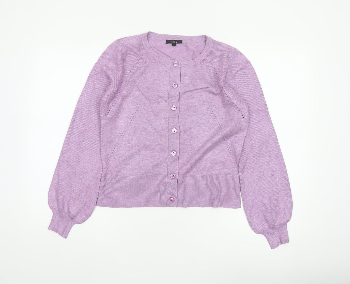 Additional front view of Linea Women Purple M Button Front Balloon Sleeve Knit Cardigan