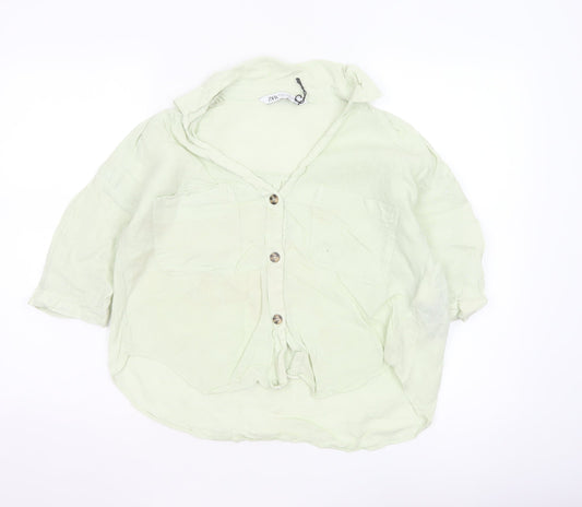 Zara Women Green XS Linen Button-Up Short Sleeve Pocket Shirt