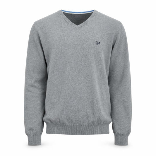 Front view of Crew Clothing Men’s Grey S V-Neck Cotton Cashmere jumper