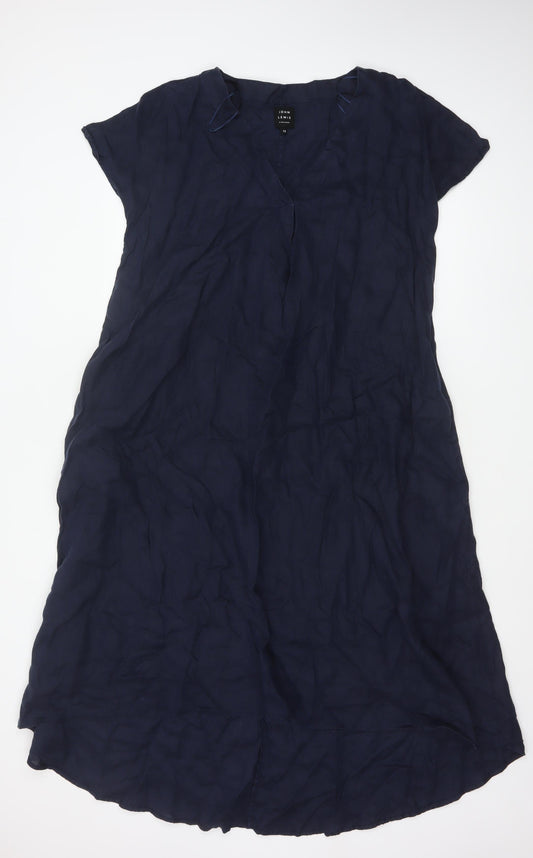 John Lewis Women Blue Linen Size 12 A-Line Long V-Neck Dress