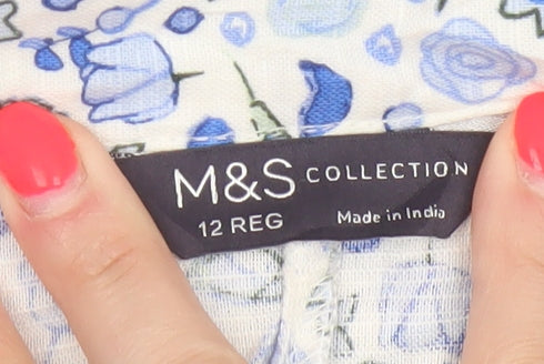 Marks & Spencer Women Blue Floral Cotton A-Line Midi Skirt UK 12