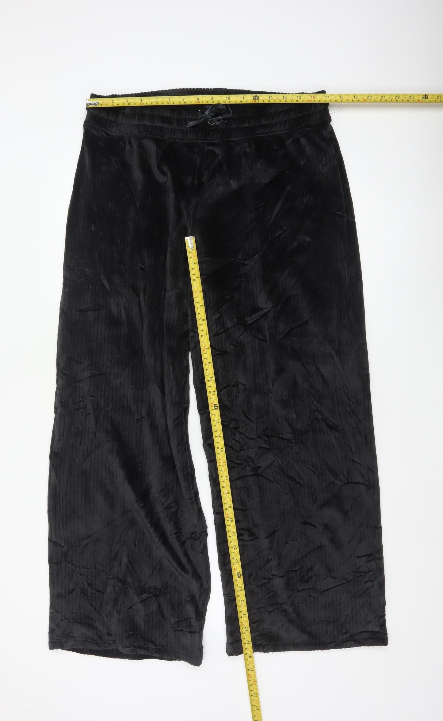 Marks and Spencer Women Black L Wide-Leg Velvet Drawstring Trousers