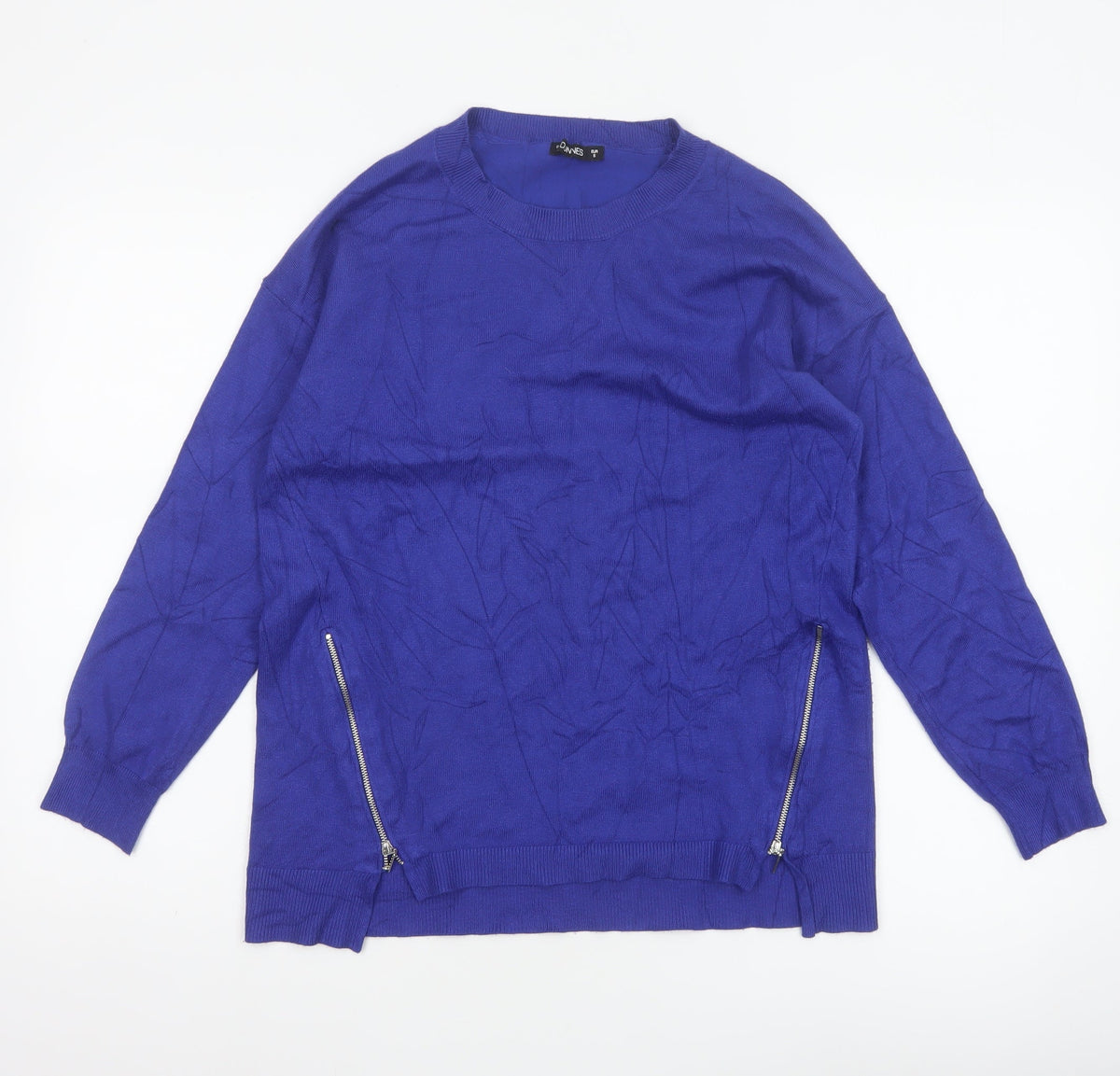 Additional front view of Dunnes Women Blue S Fine Knit Crew Neck Zip Hem Jumper