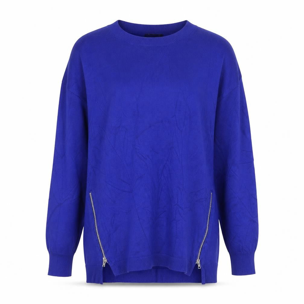 Front view of Dunnes Women Blue S Fine Knit Crew Neck Zip Hem Jumper