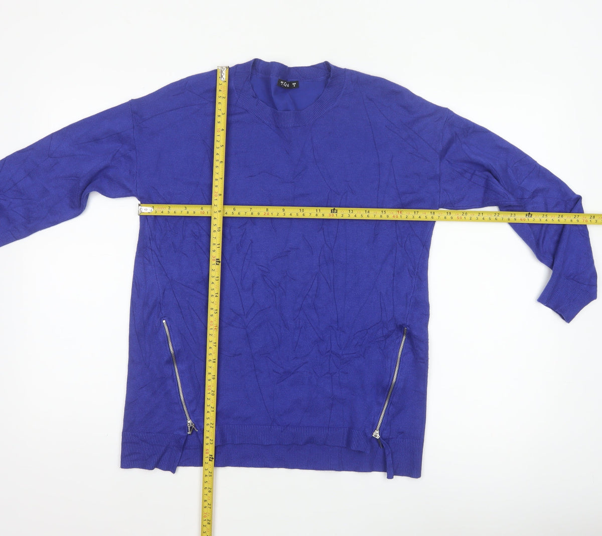 Back view of Dunnes Women Blue S Fine Knit Crew Neck Zip Hem Jumper