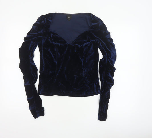 River Island Women Blue Velvet V-Neck Cropped Blouse Size 10