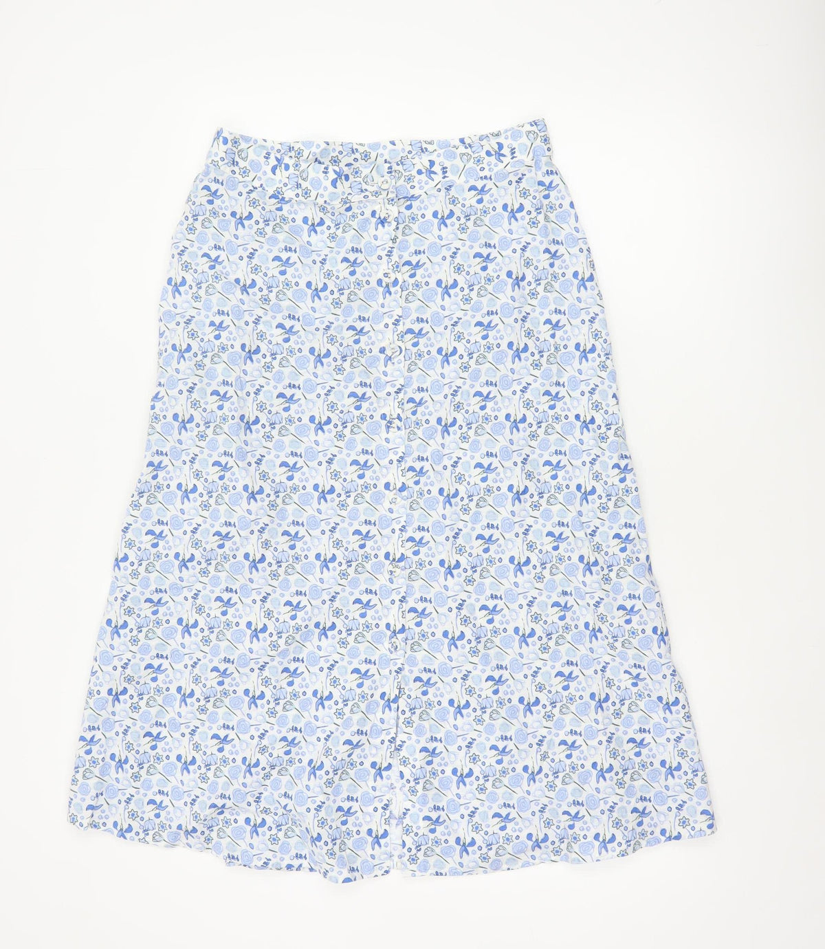 Marks & Spencer Women Blue Floral Cotton Midi A-Line Button Skirt UK 12