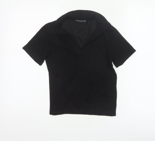 Stradivarius Women Black S Ribbed Collared Short Sleeve Polo Top