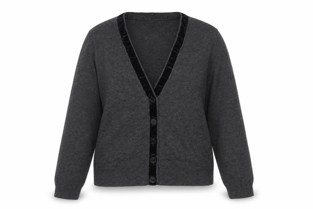White Stuff Women's Grey UK 12 Merino Cotton V-Neck Velvet Trim Cardigan