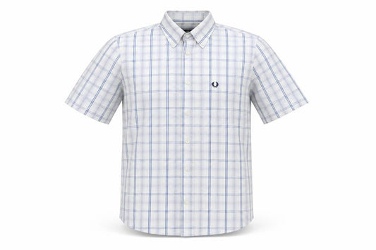 Fred Perry Men’s White Blue Check Cotton S Button-Down Short Sleeve Shirt