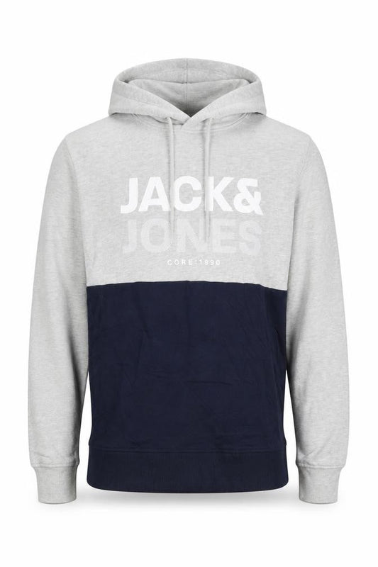 Jack & Jones Men's Grey Navy S Pullover Hoodie Graphic Logo Drawstring
