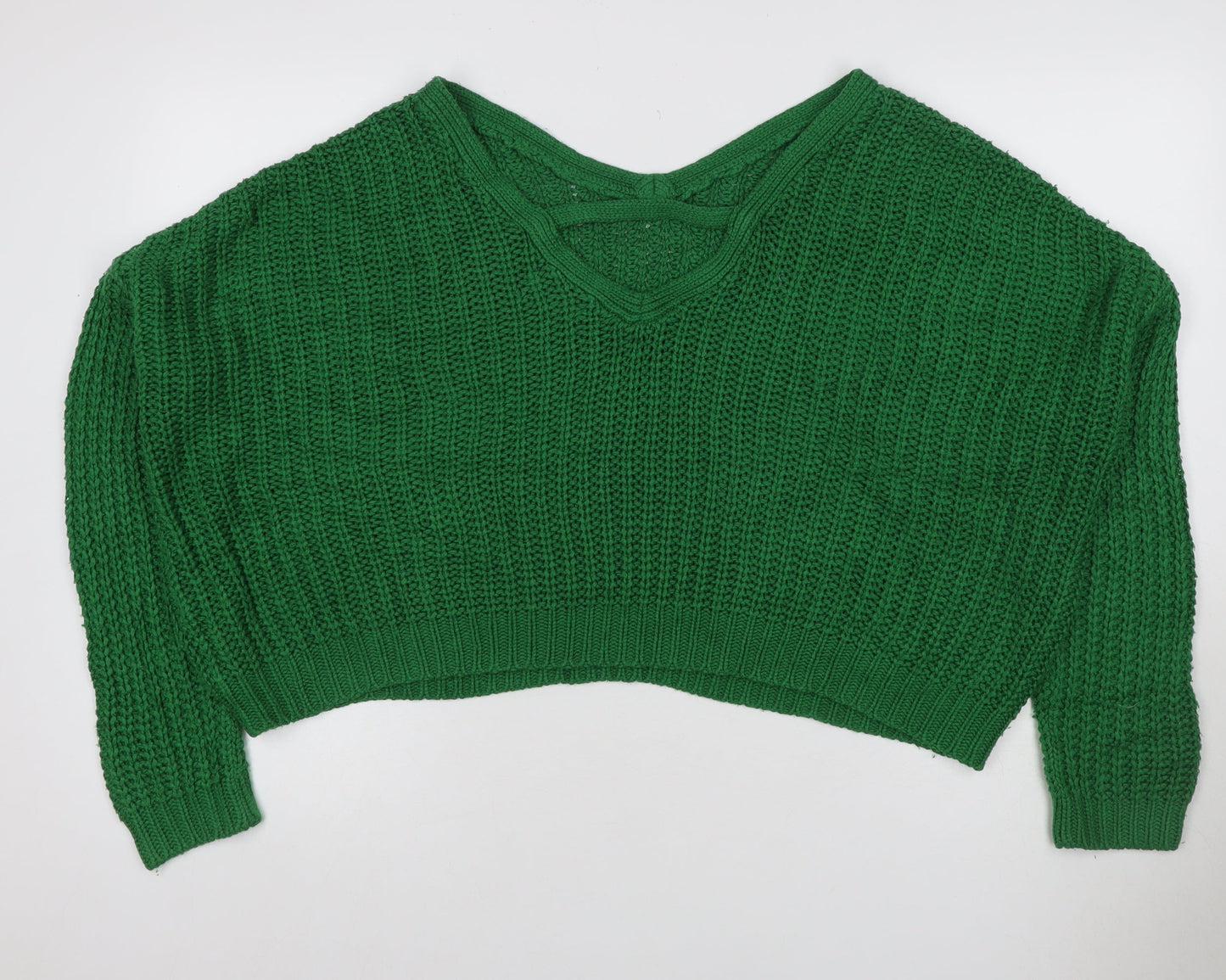Urban Outfitters Women Green XS Chunky Knit V-Neck Cropped Pullover Jumper