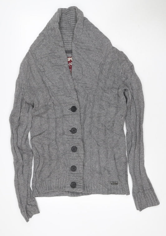 Superdry Men Grey M Cable Knit Wool Blend Button Cardigan