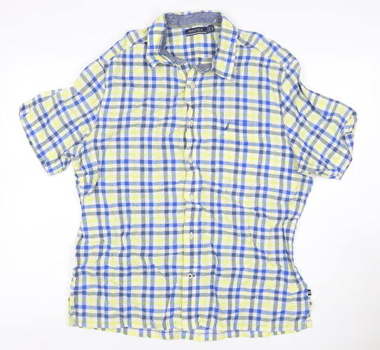Nautica Men’s XL Blue Yellow Check Linen Cotton Button-Down Shirt