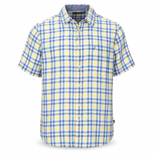 Nautica Men’s XL Blue Yellow Check Linen Cotton Button-Down Shirt