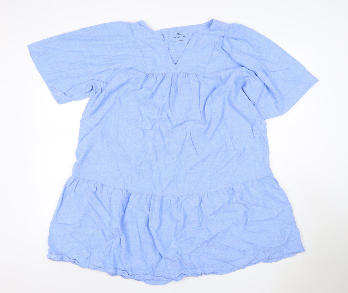 Marks and Spencer Women Blue Linen Blend Size 16 A-Line Ruffle Dress