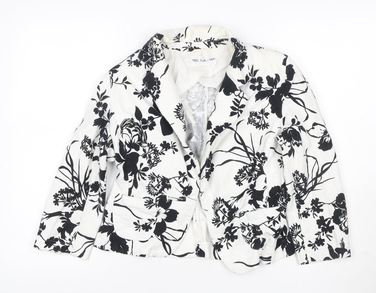 Marks & Spencer Women White Black Floral Linen Blend Blazer UK 10