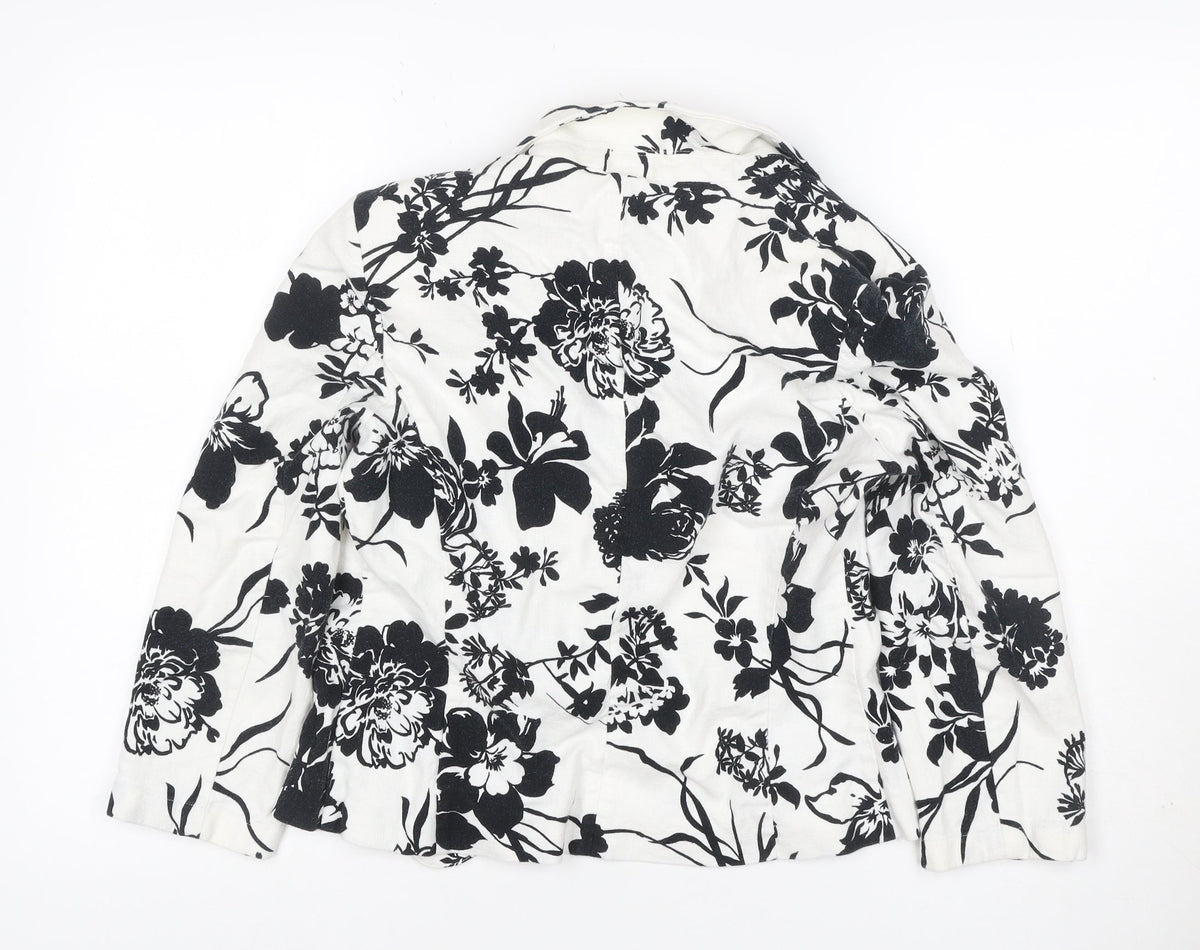 Marks & Spencer Women White Black Floral Linen Blend Blazer UK 10