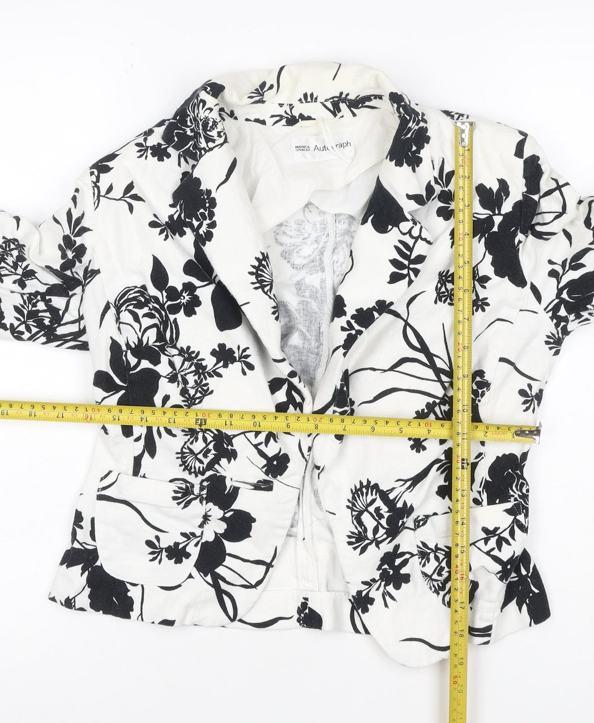 Marks & Spencer Women White Black Floral Linen Blend Blazer UK 10