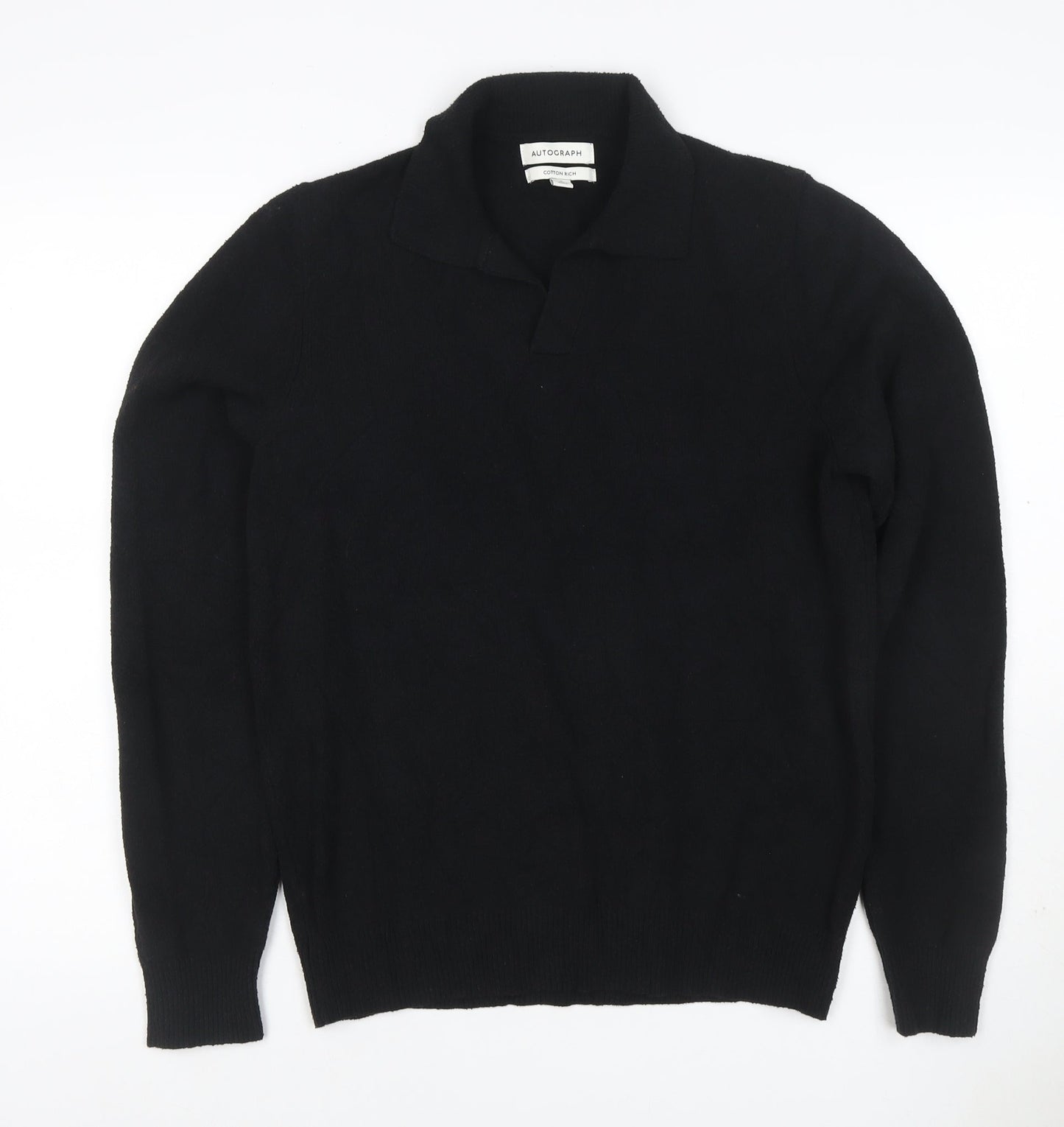 Autograph Men’s Black Cotton Cashmere Collared Pullover Jumper Size S