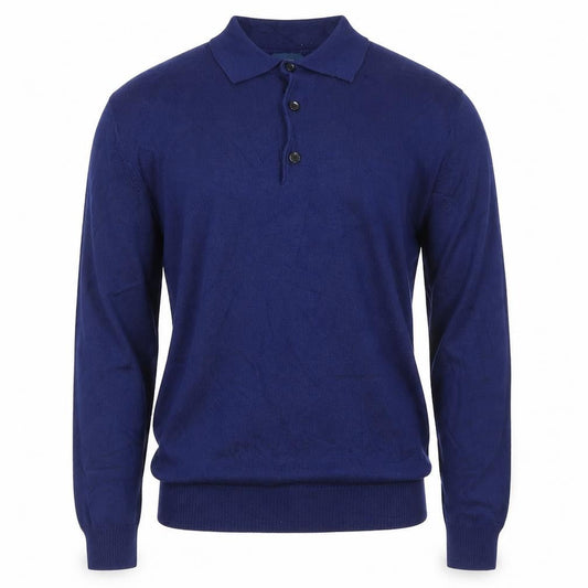 Moss 1851 Men’s Blue Small Merino Wool Collared Henley Jumper