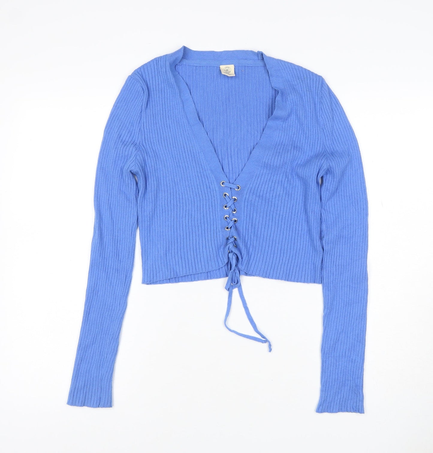 Urban Outfitters Women Blue M Ribbed Lace-Up V-Neck Cardigan
