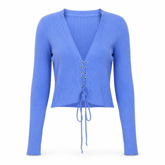 Urban Outfitters Women Blue M Ribbed Lace-Up V-Neck Cardigan