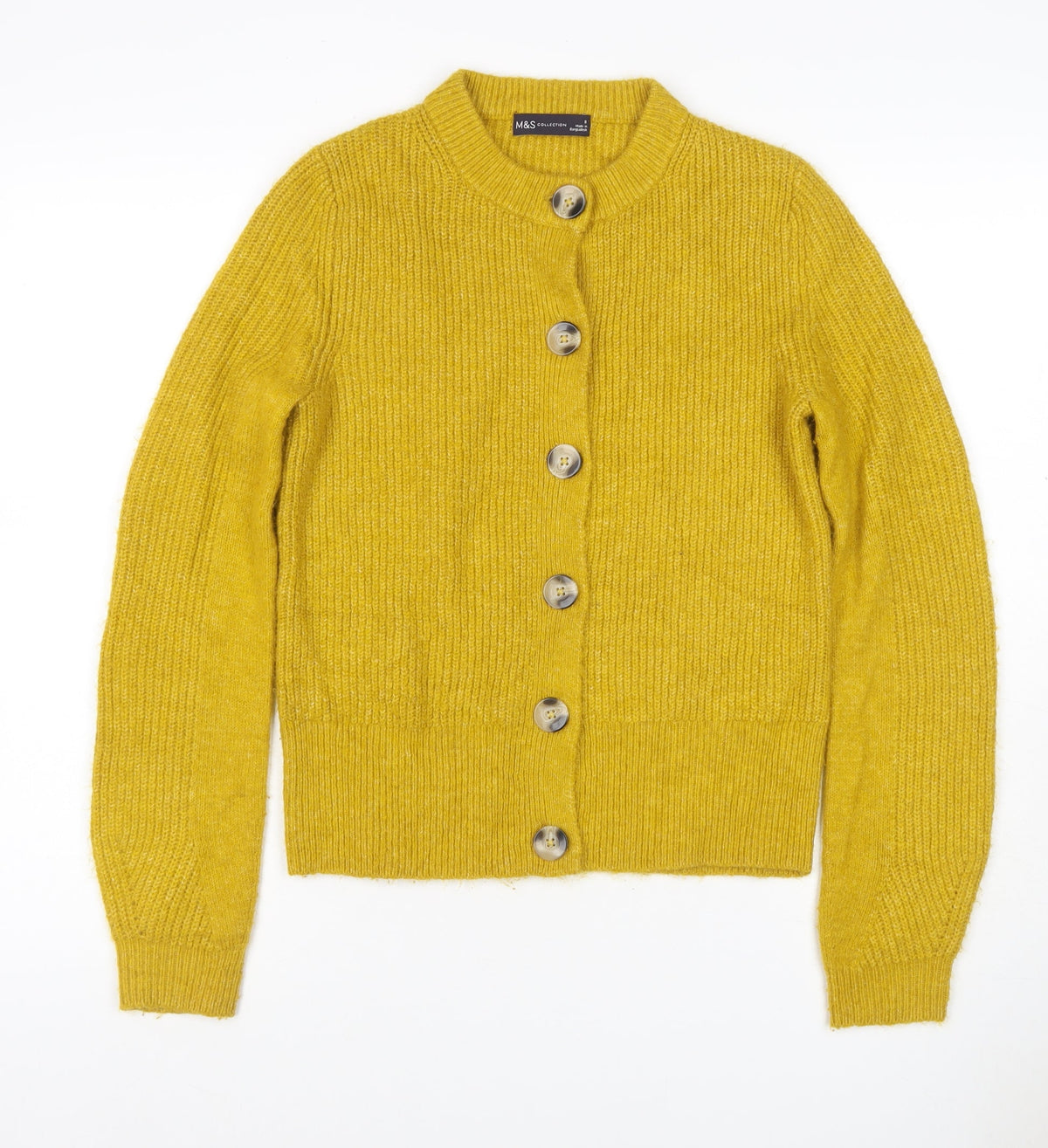 Marks and Spencer Women Yellow UK 8 Button Cardigan Rib Knit Wool Blend