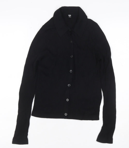 UNIQLO Women Black S 100% Wool Rib Knit Collared Button Cardigan
