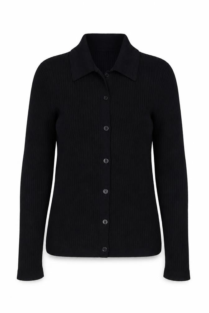 UNIQLO Women Black S 100% Wool Rib Knit Collared Button Cardigan