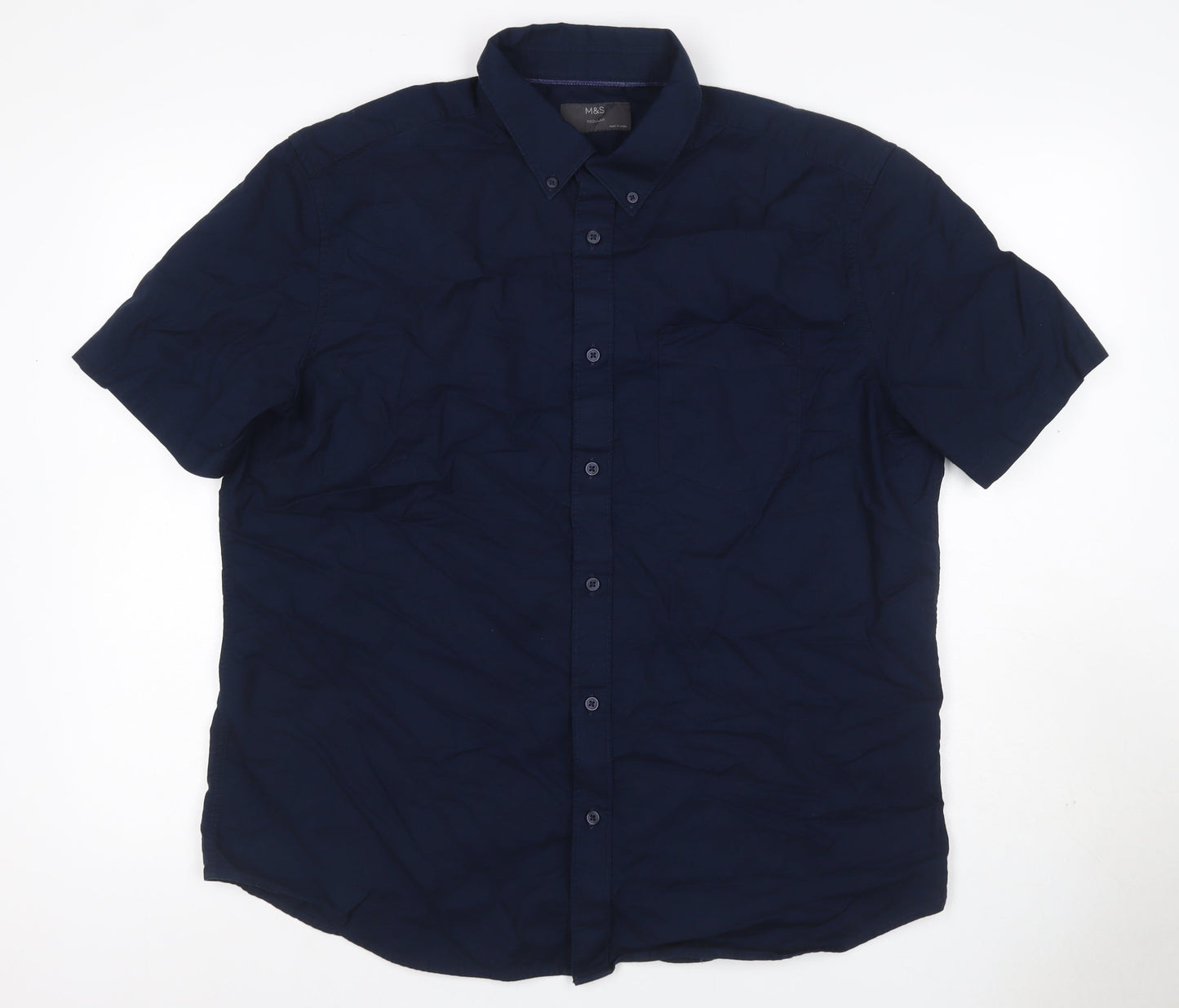 Marks and Spencer Men’s Navy Blue XL Regular Cotton Short Sleeve Shirt