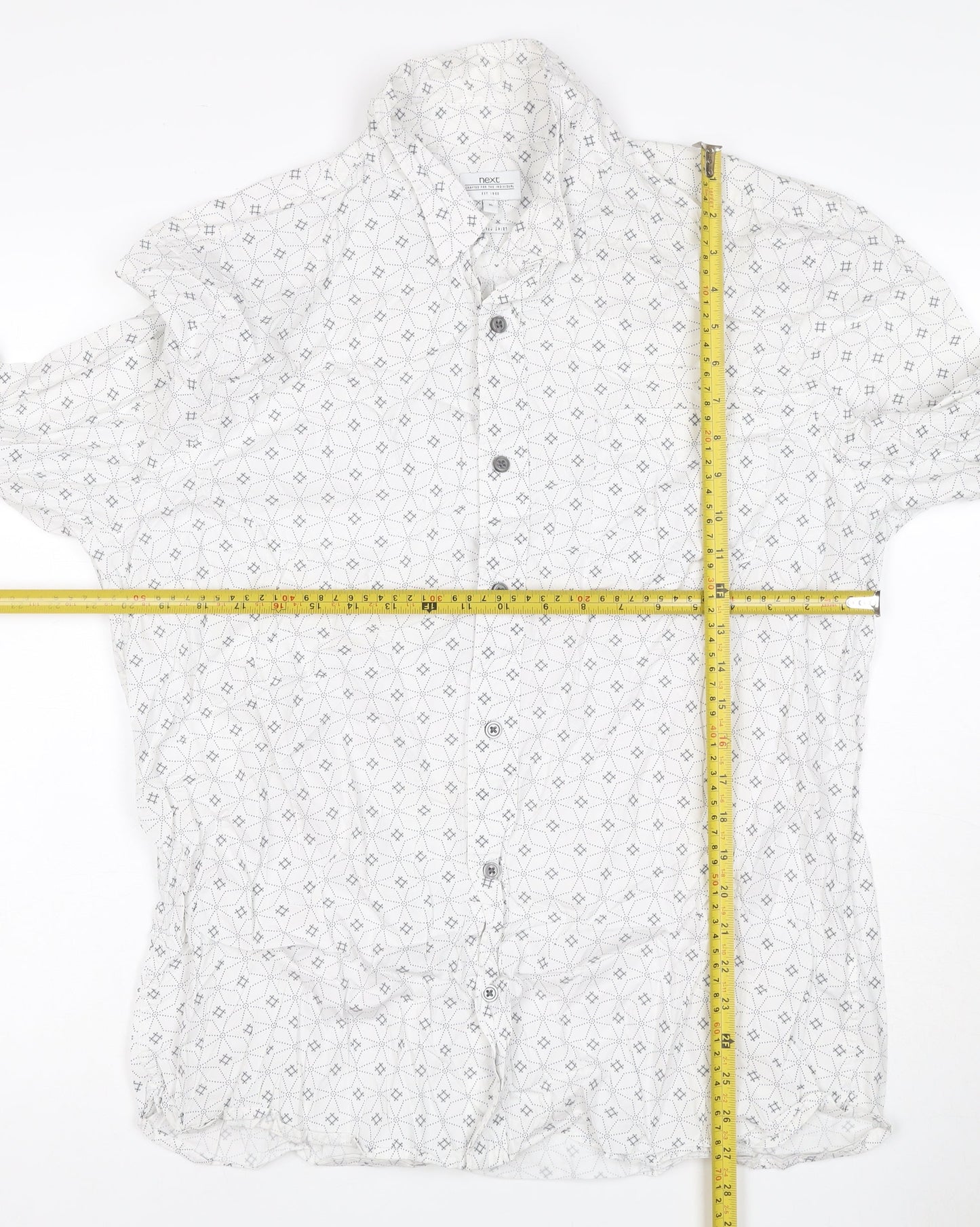 Next Men's White XL Geometric Print Long Sleeve Cotton Button-Up Shirt