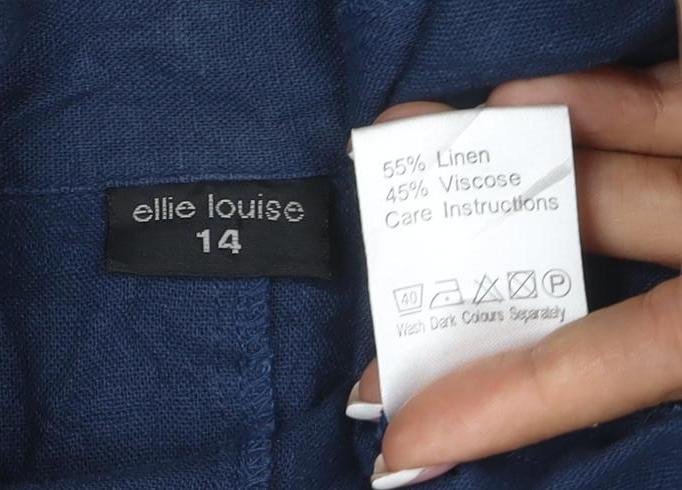 Ellie Louise Women Navy UK 14 Linen Blend Ruffle Button-Up Blouse