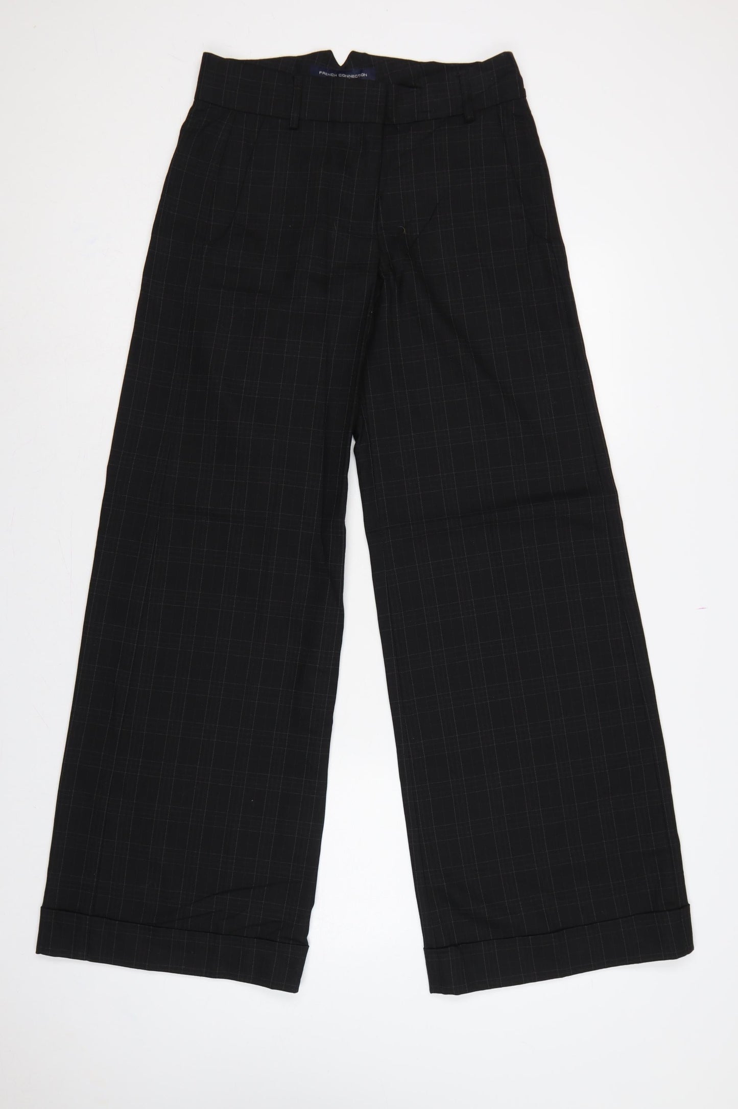 French Connection Women Black Check Wide-Leg Dress Trousers UK 10