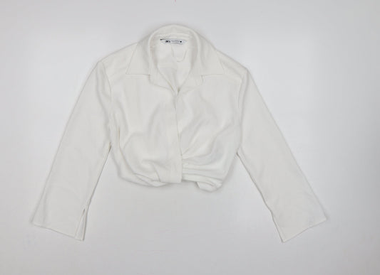 Zara Women's White XS Cropped Collared Long Sleeve Blouse
