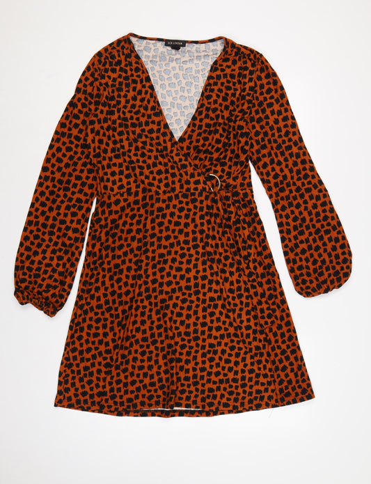 QED London Women Orange Animal Print Wrap Dress UK 14 Long Sleeve