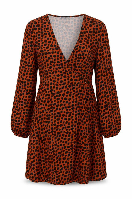 QED London Women Orange Animal Print Wrap Dress UK 14 Long Sleeve