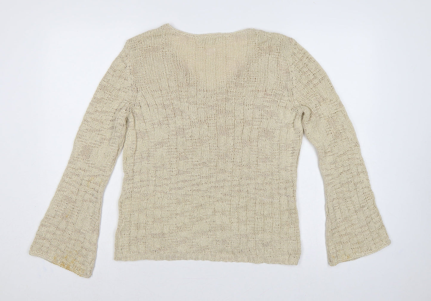 Bhs Women Beige Size 16 V-Neck Open Knit Bell Sleeve Jumper